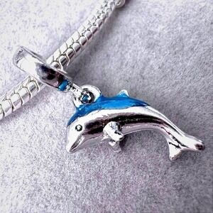 Dolphin Charm‎ Bead Silver Tone Blue Enamel For Pandora Style Bracelets